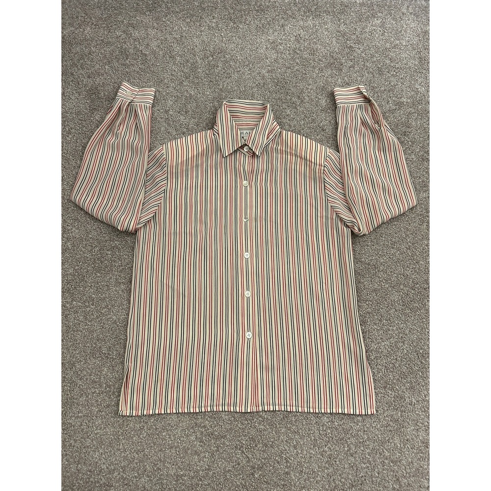 Chaus Button Down Shirt Womens 4P Cream Red Black Stripe Good Chipped Button